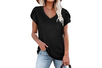 WIHOLL Womens Tops V Neck Summer Petal Sleeve Casual Tshirts