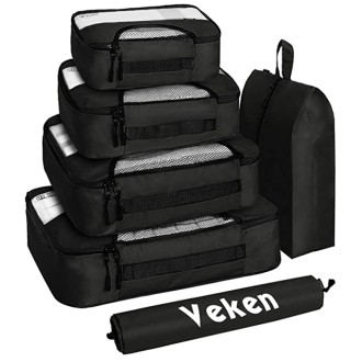 Veken 6 Set Packing Cubes, Travel Luggage Organizers with Laundry Bag & Shoe Bag (Black)