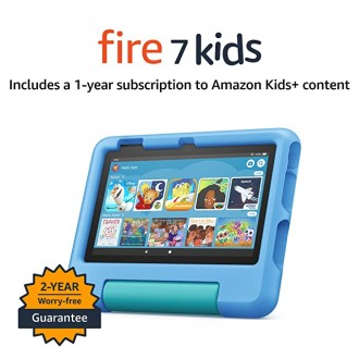 Fire 7 Kids tablet, 7" display, ages 3-7, with ad-free content kids love, 2-year worry-free guarantee, parental controls, 16 GB, (2022 release), Blue