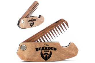 Wooden Beard Comb for Men Folding Pocket Comb for Moustache Beard & Hair Walnut Combs with the Engraving (Bearded)